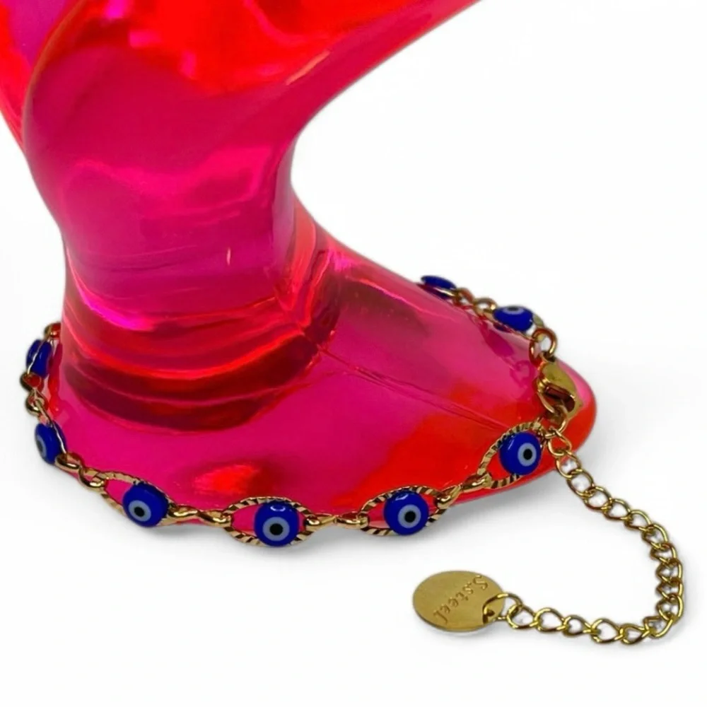 Evil Eye Bracelet Gold Tone Stainless Steel Blue Nazar Mal de Ojo Dainty Anklet